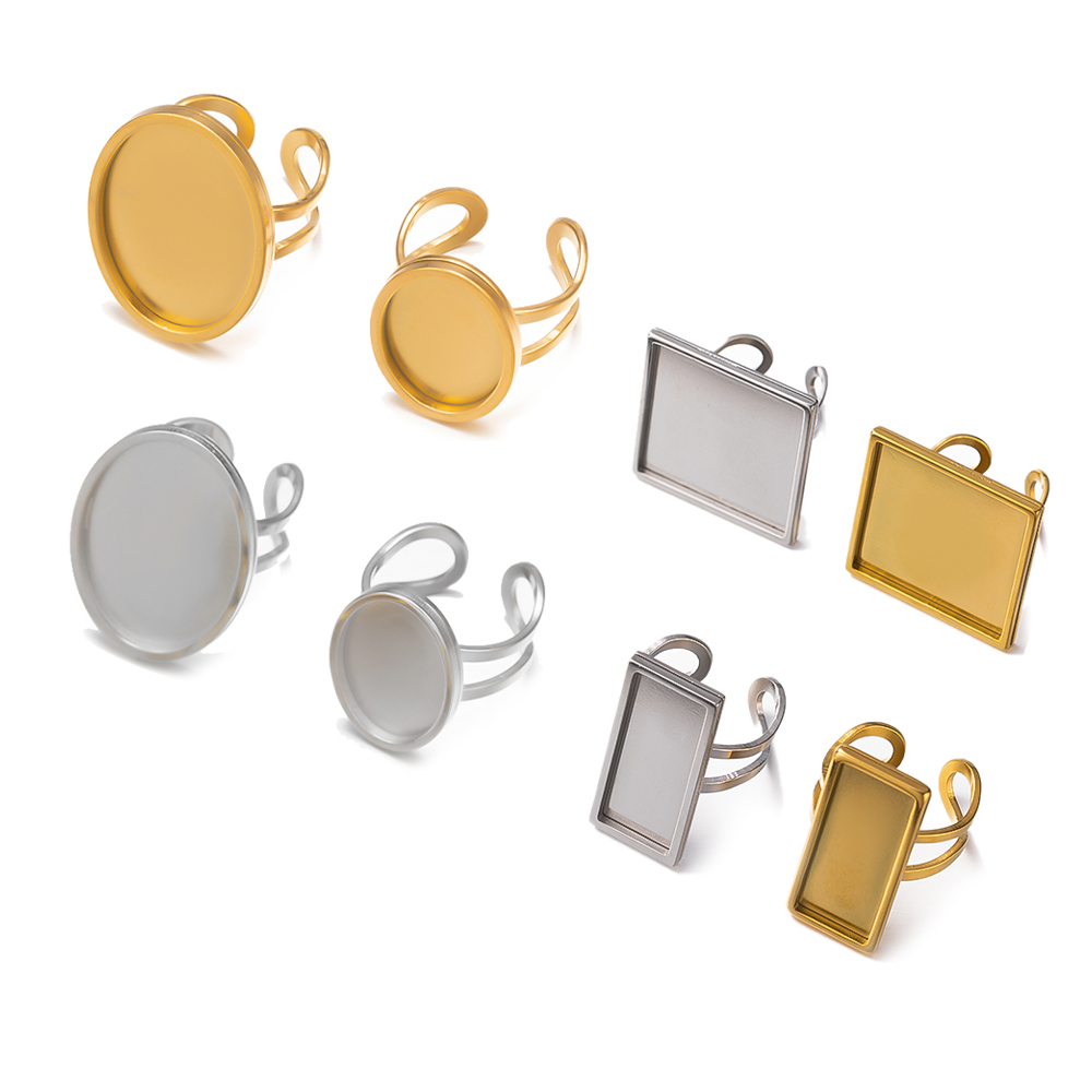 Ring Set Adjustable - 4 ชิ้นสแตนเลสสตีลเปล่าแหวนแบนรอบฐาน Cabochon การตั้งค่าถาดสําหรับ DIY เครื่องประดับทําผล