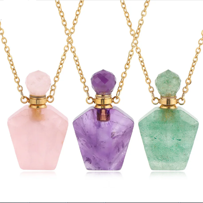 Women'S Essential Accessories - สร้อยคอจี้ขวดน้ำหอมหินคริสตัลธรรมชาติ สำหรับทุกเพศ อะเมทิสต์ โรสควอตซ์ อาเกต ใส่ได้ทั้งน้ำมันหอมระเหยและเครื่องประดับ