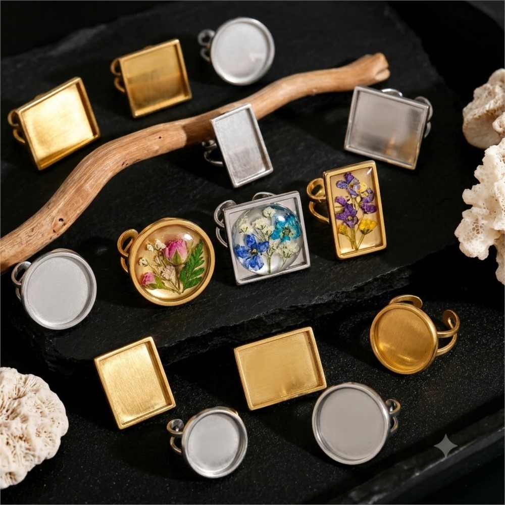 Ring Set Adjustable - ฐานแหวนสแตนเลสทรงสี่เหลี่ยมแบบเปิดปรับได้ 2 ชิ้น สำหรับใส่คาโบชองเรซิ่นทรงกลมหรือวงรี สำหรับทำเครื่องประดับ