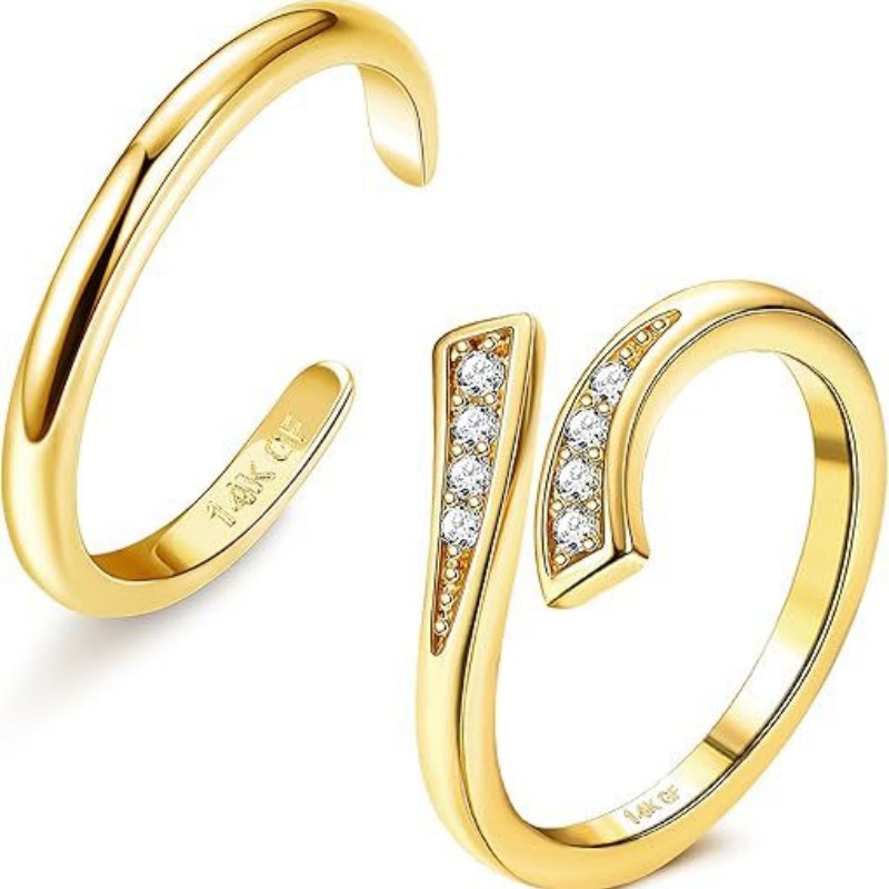 Ring Set Adjustable - แหวนทองชุบ 14K ประดับเพทายปรับขนาดได้ ชุดสองวงสำหรับผู้หญิง ใช้ในช่วงวันหยุดพักผ่อนริมชายหาดในฤดูร้อน เครื่องประดับแหวนนิ้วเท้า