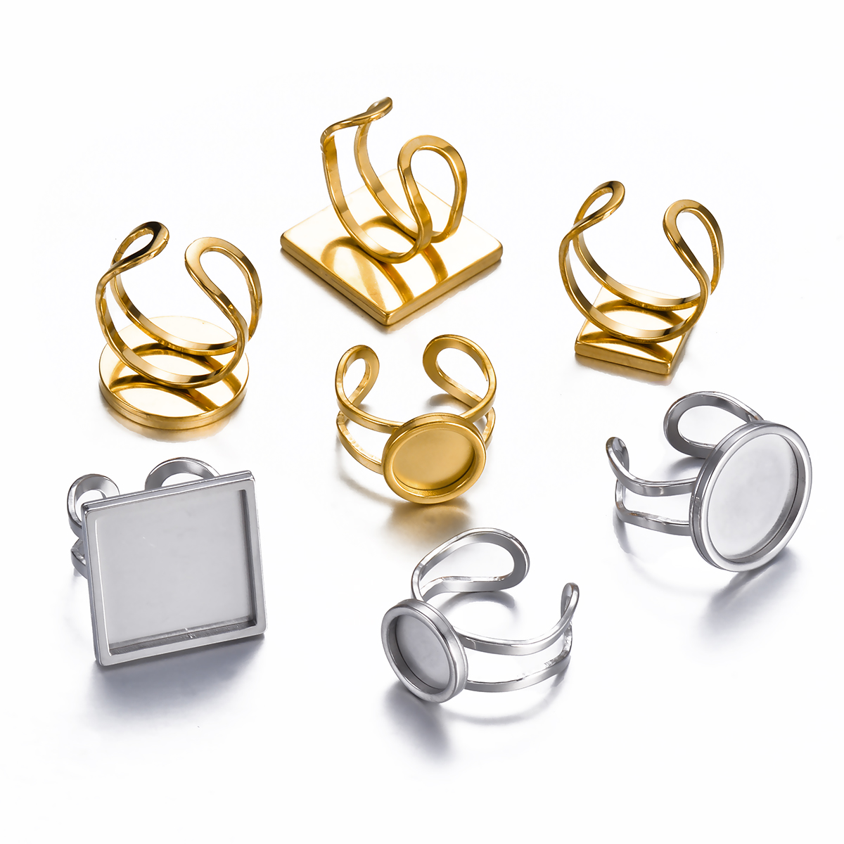 Ring Set Adjustable - แหวนสแตนเลสปรับขนาดได้ 4 ชิ้น ทรงกลมและทรงเหลี่ยม ฐานเปล่าสำหรับใส่กระจกคาโบชอง เหมาะสำหรับทำเครื่องประดับ