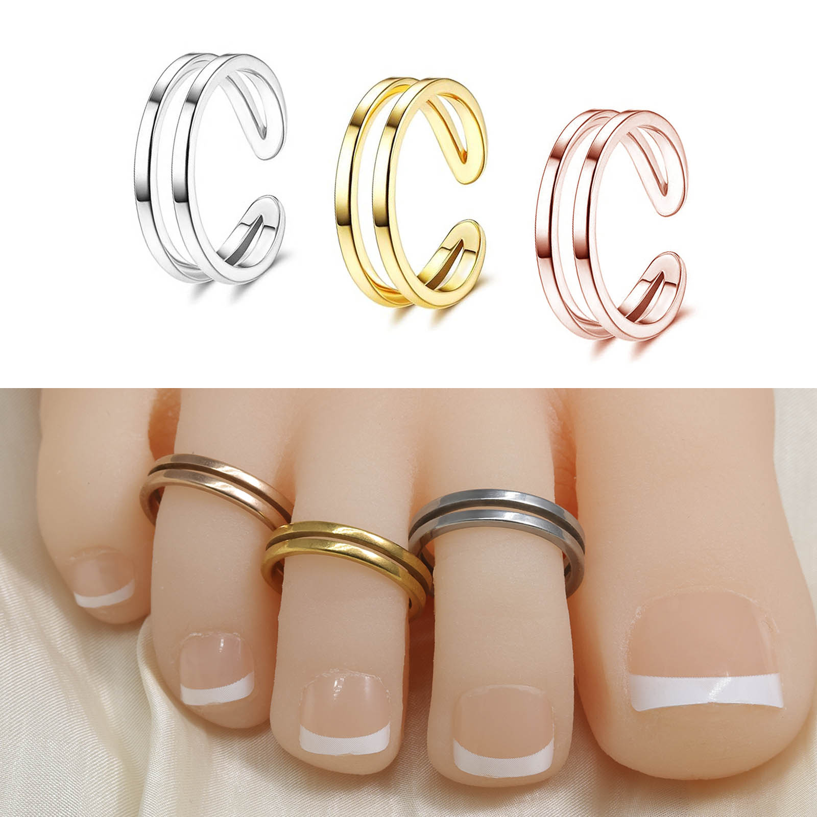 Ring Set Adjustable - แหวนนิ้วเท้าแบบปรับได้สองชั้น ทำจากสแตนเลส 316L ดีไซน์เรียบง่าย แหวนเปิดสำหรับผู้หญิงและเด็กผู้หญิง เครื่องประดับชายหาด